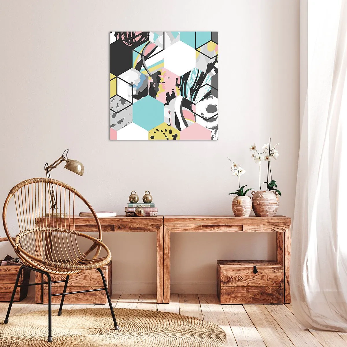 Impression sur toile - Image sur toile - Hexagones et cubes en six couleurs - 60x60 cm
