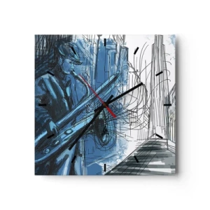 Horloge murale - Pendule murale - Une silhouette jouant du saxophone sur fond de ville - 30x30cm - Rhapsodie urbaine - Décoration murale moderne pour le salon et la chambre ARTTOR