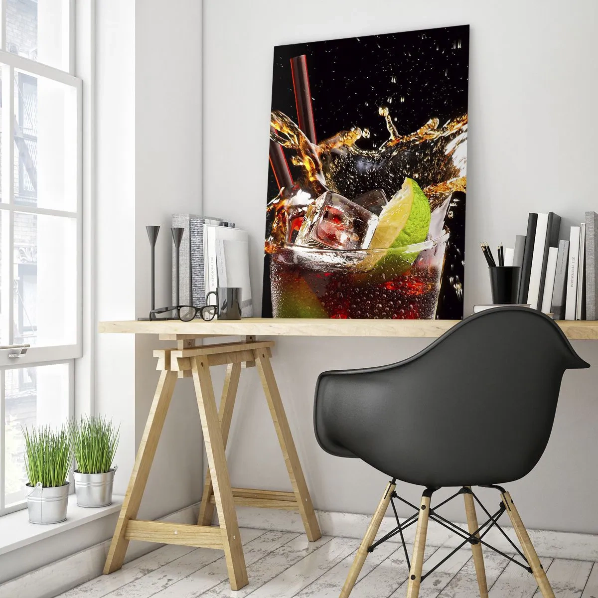 Impression sur verre - Image sur verre - Un verre de boisson avec du citron vert et des éclaboussures sur un fond noir - 50x70cm - Joie et énergie des couleurs - Décoration murale moderne pour le salon et la chambre ARTTOR