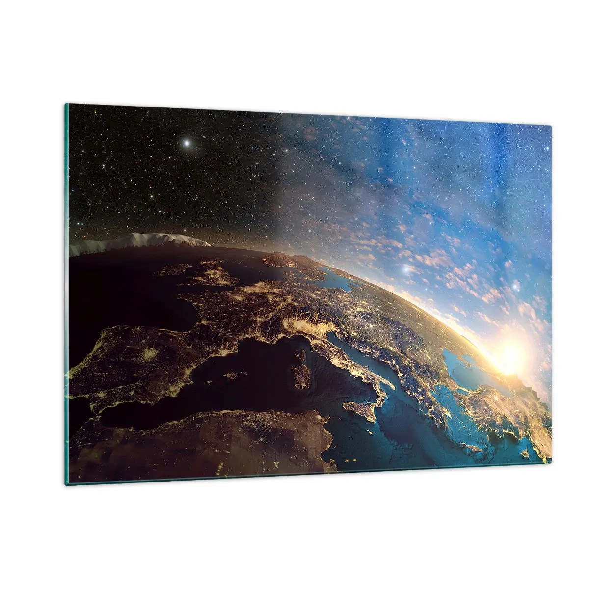 Impression sur verre - Image sur verre - Une vue de la Terre depuis l'espace avec le lever du soleil visible - 120x80cm - Regardons-nous de loin - Décoration murale moderne pour le salon et la chambre ARTTOR