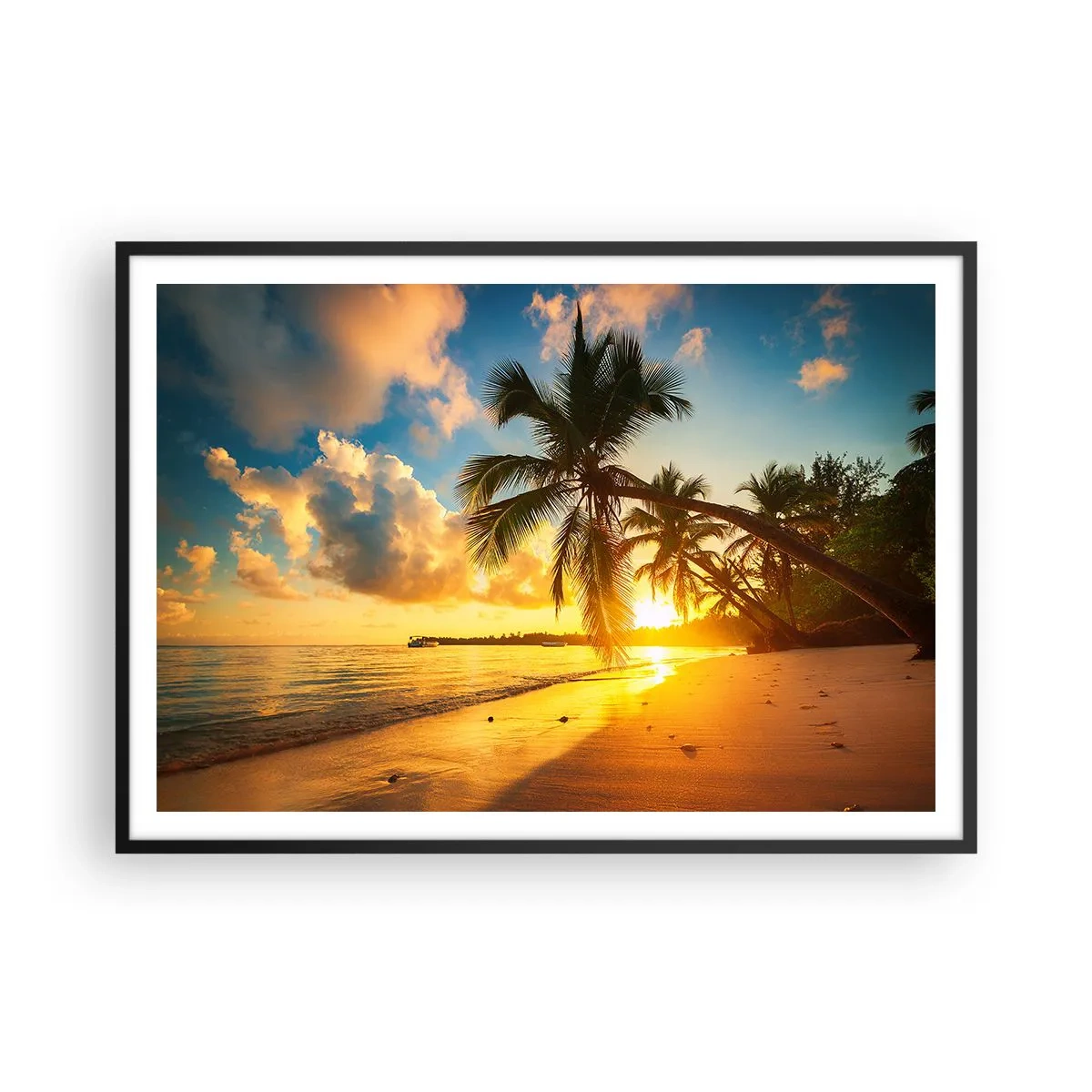 Affiche dans un cadre noir - Poster - Plage au coucher du soleil avec des palmiers au bord de la mer - 100x70cm - Rêve caribéen - Décoration murale moderne pour le salon et la chambre ARTTOR