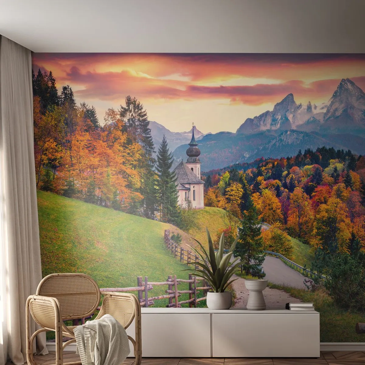 Papier Peint Photo Premium Sand - Paysage comme peind - Paysage de montagne, Chemin, Église - 100x70 cm