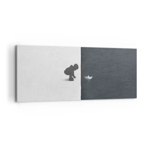 Impression sur toile - Image sur toile - Une figure d'enfant avec un bateau en papier sur un fond de moitiés contrastées - 120x50cm - Grande expédition - Décoration murale moderne pour le salon et la chambre ARTTOR