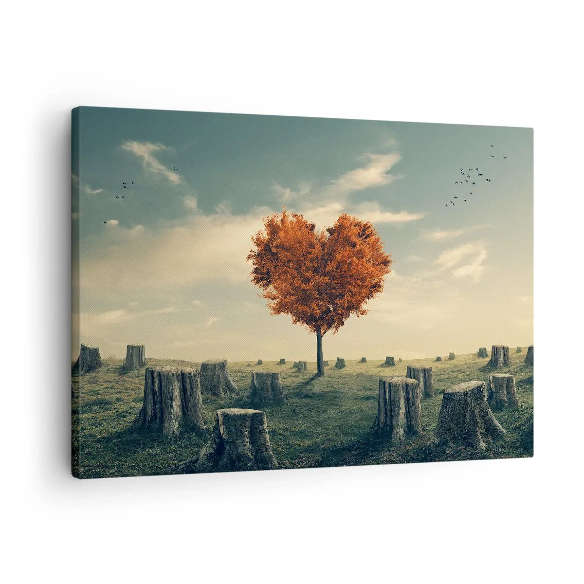 Impression sur toile - Image sur toile - Un arbre en forme de cœur dans un champ de souches, symbole d'espoir - 70x50cm - Il y a toujours de l'espoir - Décoration murale moderne pour le salon et la chambre ARTTOR