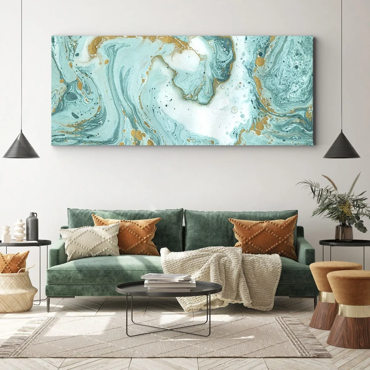 Impression sur toile - Image sur toile - Marbre turquoise avec des accents dorés dans une composition abstraite - 160x50cm - Sous la grande vague de l'ère Edo - Décoration murale moderne pour le salon et la chambre ARTTOR