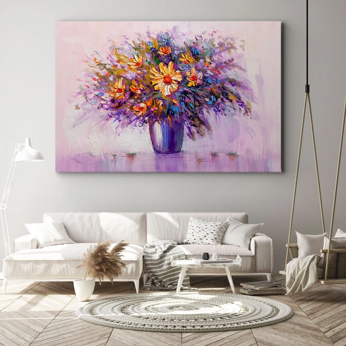 Impression sur toile - Image sur toile - Un bouquet de fleurs dans un vase sur fond pastel - 120x80cm - Ça sent bon, ça a l'air doux - Décoration murale moderne pour le salon et la chambre ARTTOR