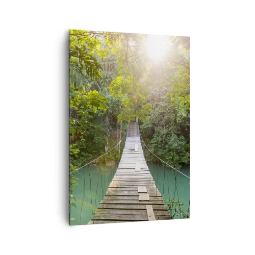 Impression sur toile - Image sur toile - Un pont suspendu dans une forêt tropicale illuminée par la lumière du soleil. - 70x100cm - De l'eau azur à la forêt azur - Décoration murale moderne pour le salon et la chambre ARTTOR