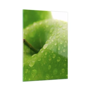 Impression sur verre - Image sur verre - Une pomme verte couverte de gouttes d'eau - 50x70cm - Fraîcheur de verdure fraîche - Décoration murale moderne pour le salon et la chambre ARTTOR