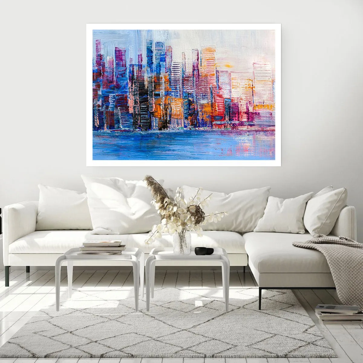 Affiche - Poster - Un panorama coloré de la ville avec des reflets sur l'eau - 100x70cm - Une métropole joyeuse - Décoration murale moderne pour le salon et la chambre ARTTOR