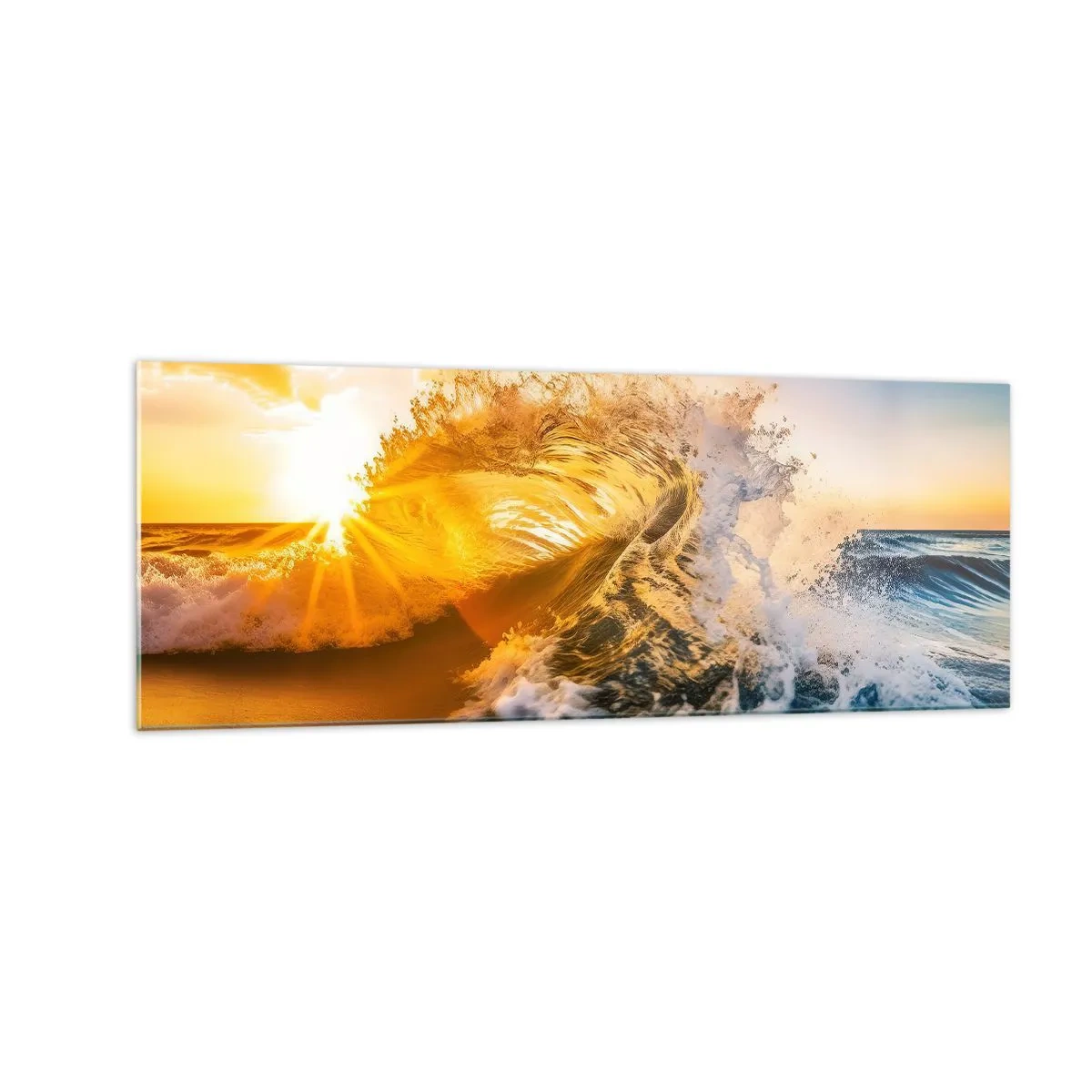 Impression sur verre - Image sur verre - Une vague dorée sur fond de soleil couchant - 140x50cm - S'amuser dans le sable - Décoration murale moderne pour le salon et la chambre ARTTOR