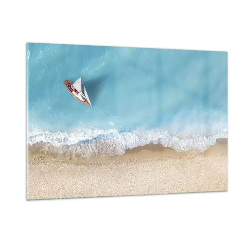 Impression sur verre - Image sur verre - Un voilier sur la mer azur au bord d'une plage de sable - 120x80cm - A la frontière de l'azur et de l'or - Décoration murale moderne pour le salon et la chambre ARTTOR