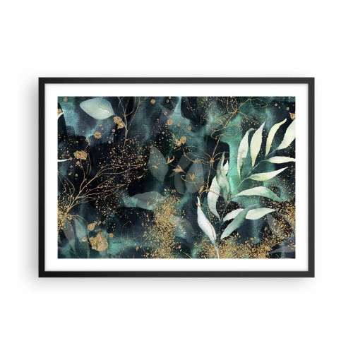 Affiche dans un cadre noir - Poster - Feuilles élégantes sur un fond sombre avec des accents dorés - 70x50cm - Jardin magique - Décoration murale moderne pour le salon et la chambre ARTTOR