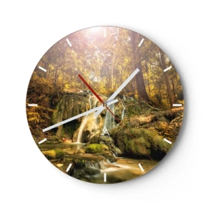 Horloge murale - Pendule murale - Cascade forestière au soleil - 30x30cm - Cascade de forêt en vert - Décoration murale moderne pour le salon, la cuisine et la chambre ARTTOR