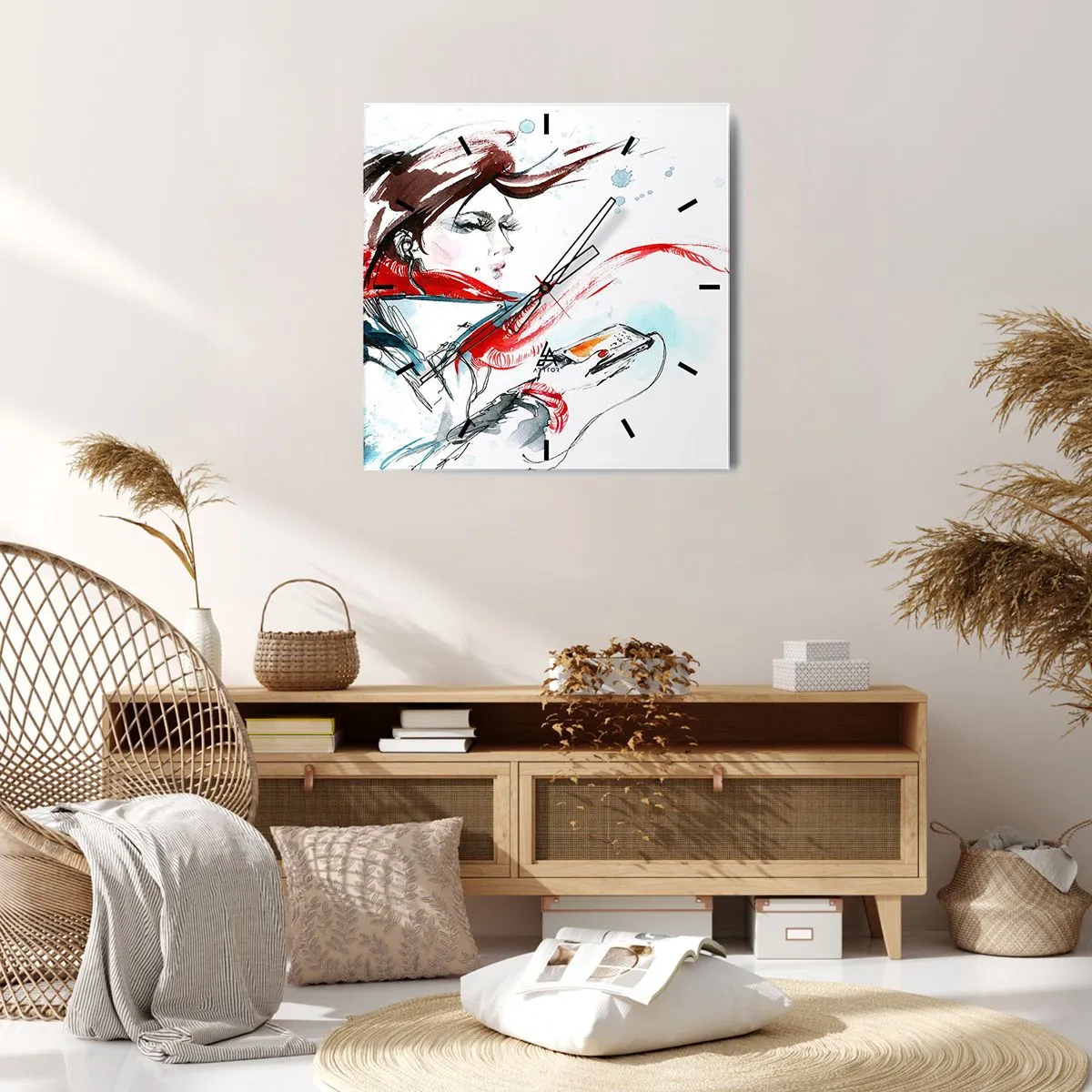 Horloge murale - Pendule murale - Une femme portant un foulard rouge avec des traits d'aquarelle dynamiques - 30x30cm - Quelque chose se passe en moi - Décoration murale moderne pour le salon et la chambre ARTTOR