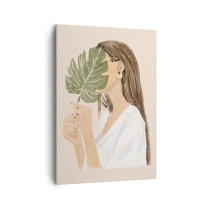 Impression sur toile - Image sur toile - Portrait d'une femme avec une feuille de monstera sur fond beige - 50x70cm - Portrait mystérieux avec un éventail - Décoration murale moderne pour le salon et la chambre ARTTOR