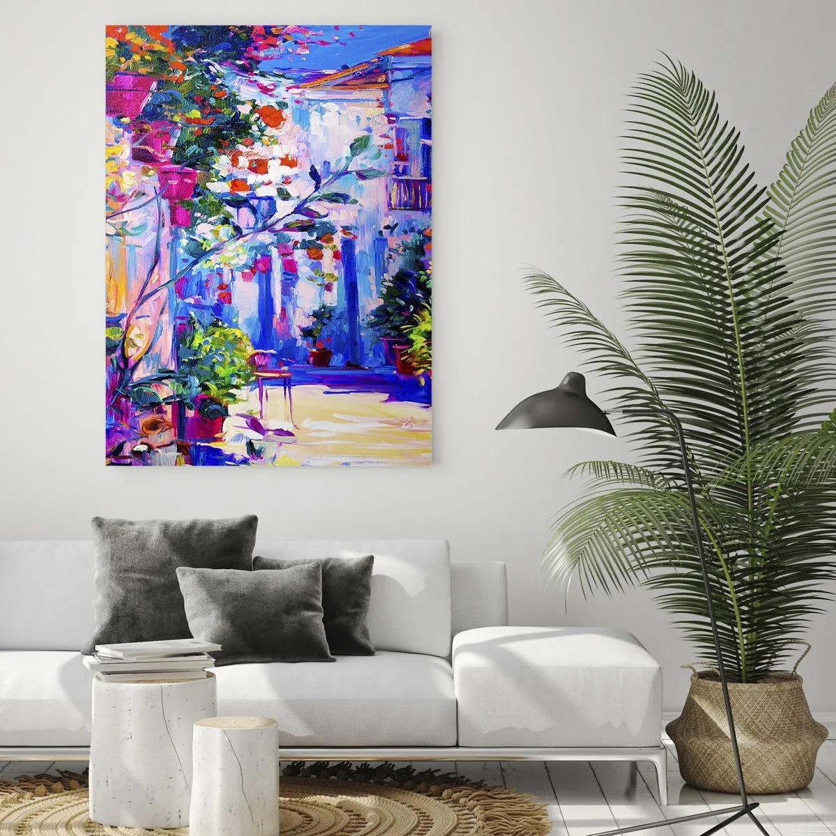 Impression sur verre - Image sur verre - Une rue colorée pleine de fleurs - 80x120cm - Impression - une rue italienne - Décoration murale moderne pour le salon et la chambre ARTTOR