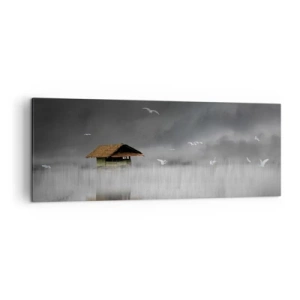 Impression sur toile - Image sur toile - Un chalet solitaire sur l'eau entouré de brouillard et d'oiseaux - 140x50cm - A l'abri de la pluie - Décoration murale moderne pour le salon et la chambre ARTTOR