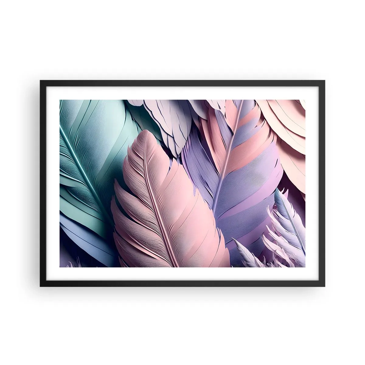Affiche dans un cadre noir - Poster - Plumes colorées dans des tons pastel sur un fond clair - 70x50cm - Oiseau chic - Décoration murale moderne pour le salon et la chambre ARTTOR