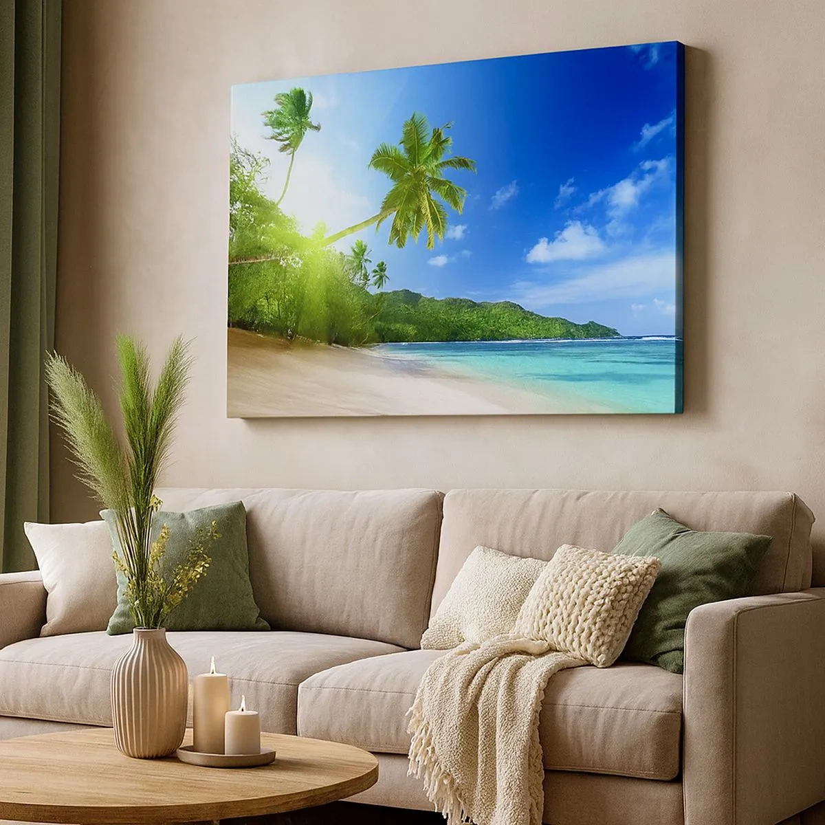 Impression sur toile - Image sur toile - Plage tropicale avec palmiers et mer turquoise - 70x50cm - La douceur des tropiques - Décoration murale moderne pour le salon et la chambre ARTTOR