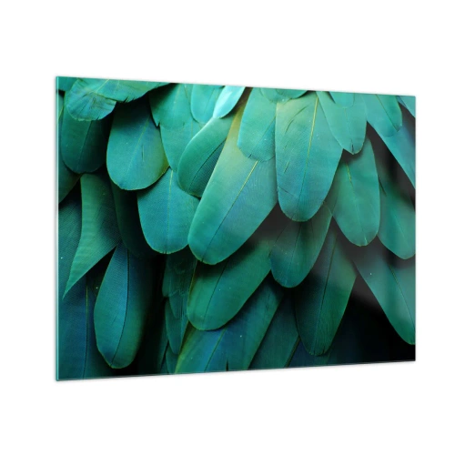 Impression sur verre - Image sur verre - Gros plan des plumes intensément vertes d'un perroquet. - 70x50cm - Perfection de la nature du perroquet - Décoration murale moderne pour le salon et la chambre ARTTOR