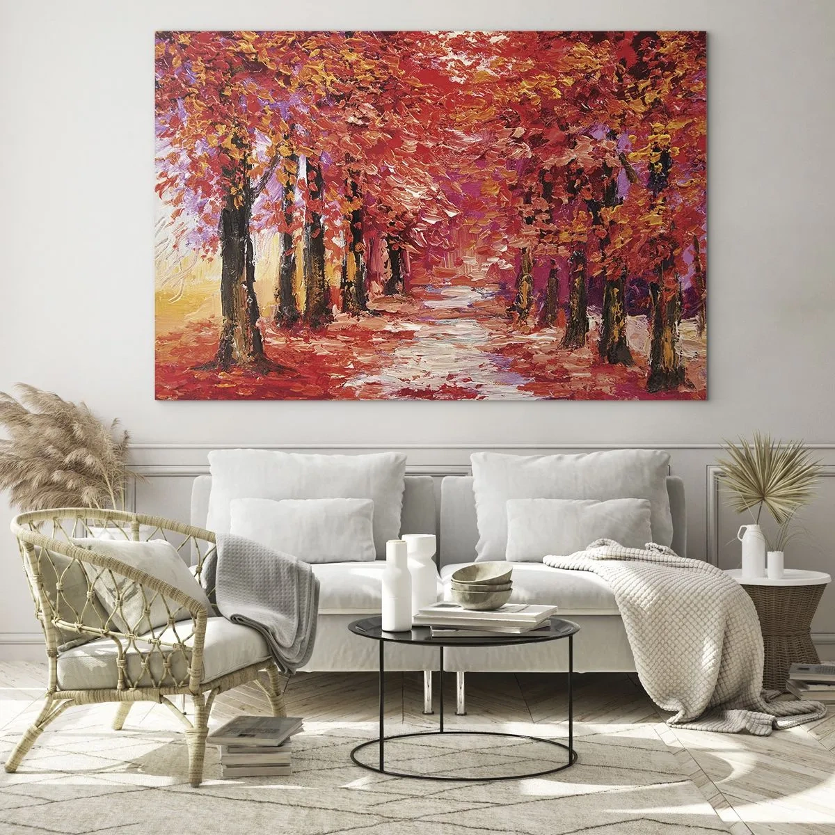 Impression sur verre - Image sur verre - Une ruelle pittoresque aux couleurs d'automne pleine de nuances chaudes - 70x50cm - Impression d'automne - Décoration murale moderne pour le salon et la chambre ARTTOR