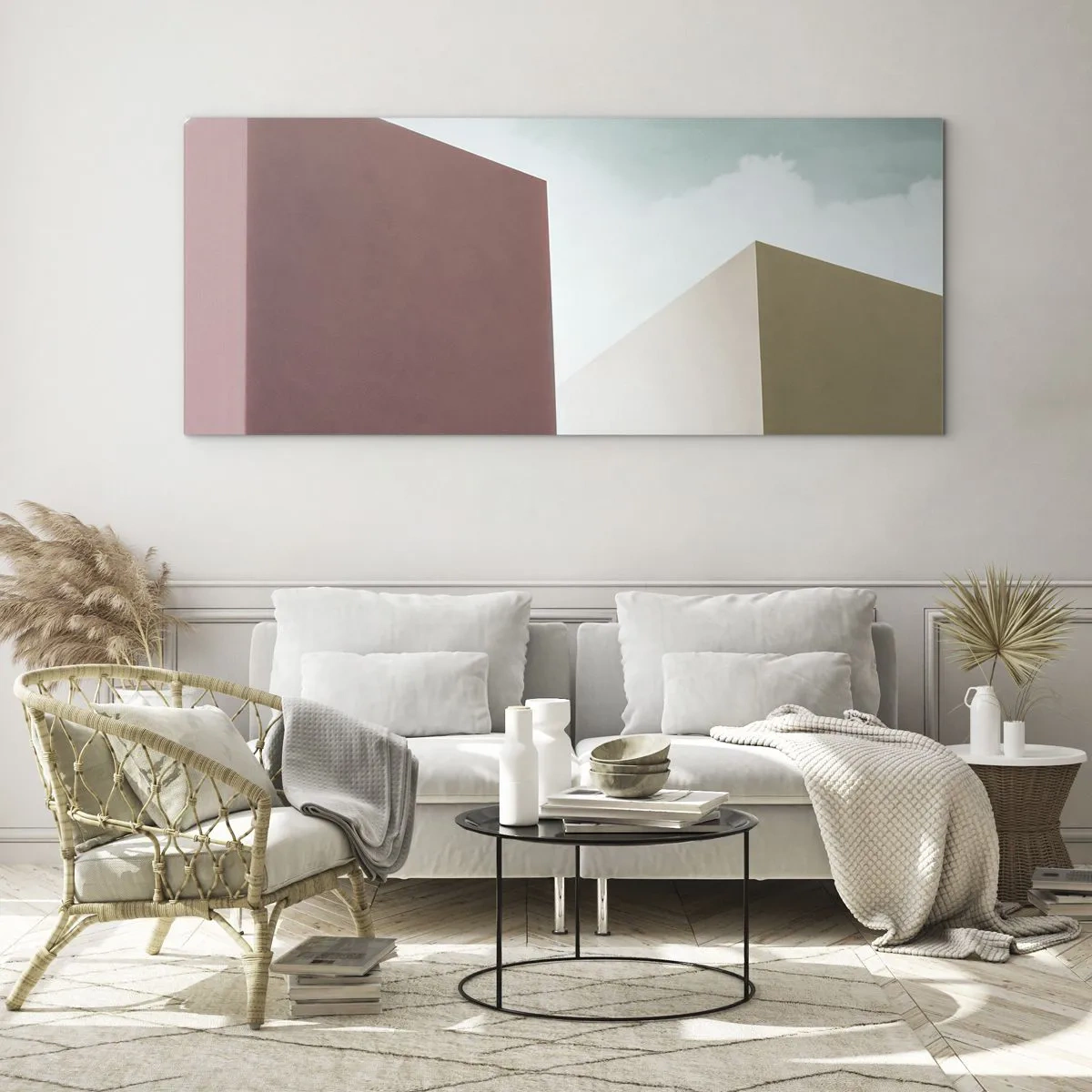 Impression sur verre - Image sur verre - Architecture minimaliste avec des blocs pastel et du ciel - 160x50cm - La géométrie d'un été ensoleillé - Décoration murale moderne pour le salon et la chambre ARTTOR