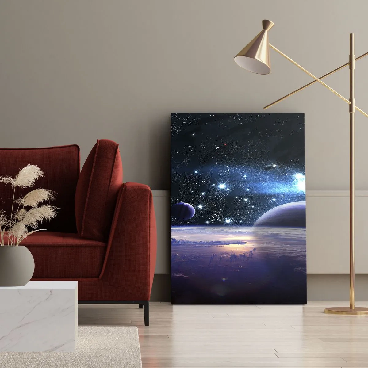 Impression sur toile - Image sur toile - Une vue de l'espace avec des planètes et des étoiles - 50x70cm - Toujours seul? - Décoration murale moderne pour le salon et la chambre ARTTOR