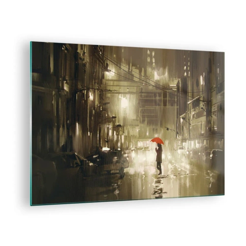 Impression sur verre - Image sur verre - Personne avec un parapluie rouge dans la lumière pluvieuse de la ville la nuit - 70x50cm - Seule mais pas solitaire - Décoration murale moderne pour le salon et la chambre ARTTOR
