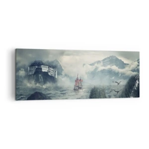 Impression sur toile - Image sur toile - Un paysage mystérieux avec un château, des montagnes et un navire - 140x50cm - Dans l'eau magique - Décoration murale moderne pour le salon et la chambre ARTTOR