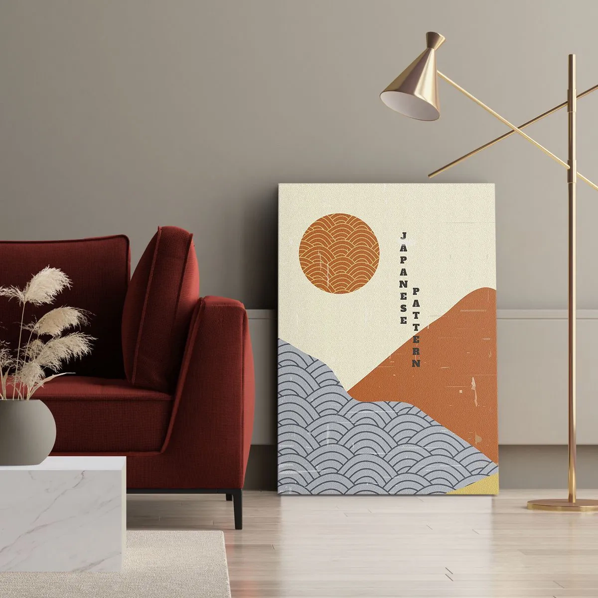 Impression sur toile - Image sur toile - Motifs japonais avec montagnes, soleil et style minimaliste - 80x120cm - Dans l'esprit japonais - Décoration murale moderne pour le salon et la chambre ARTTOR
