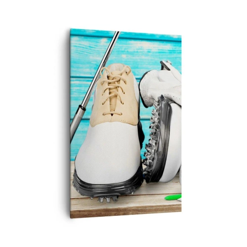 Impression sur toile - Image sur toile - Un ensemble d'accessoires de golf sur un fond en bois - 80x120cm - Tout est prêt - Décoration murale moderne pour le salon et la chambre ARTTOR