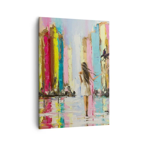 Impression sur toile - Image sur toile - Une ville colorée et une femme en robe blanche avec un oiseau - 50x70cm - Viens avec moi - Décoration murale moderne pour le salon et la chambre ARTTOR