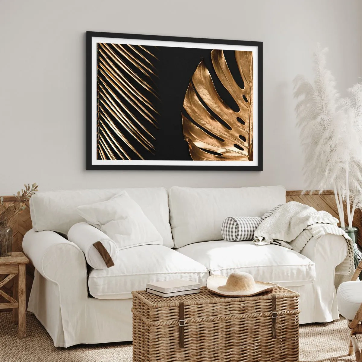 Affiche dans un cadre noir - Poster - Feuilles dorées sur fond noir - 70x50cm - Différent et tout aussi cher - Décoration murale moderne pour le salon et la chambre ARTTOR