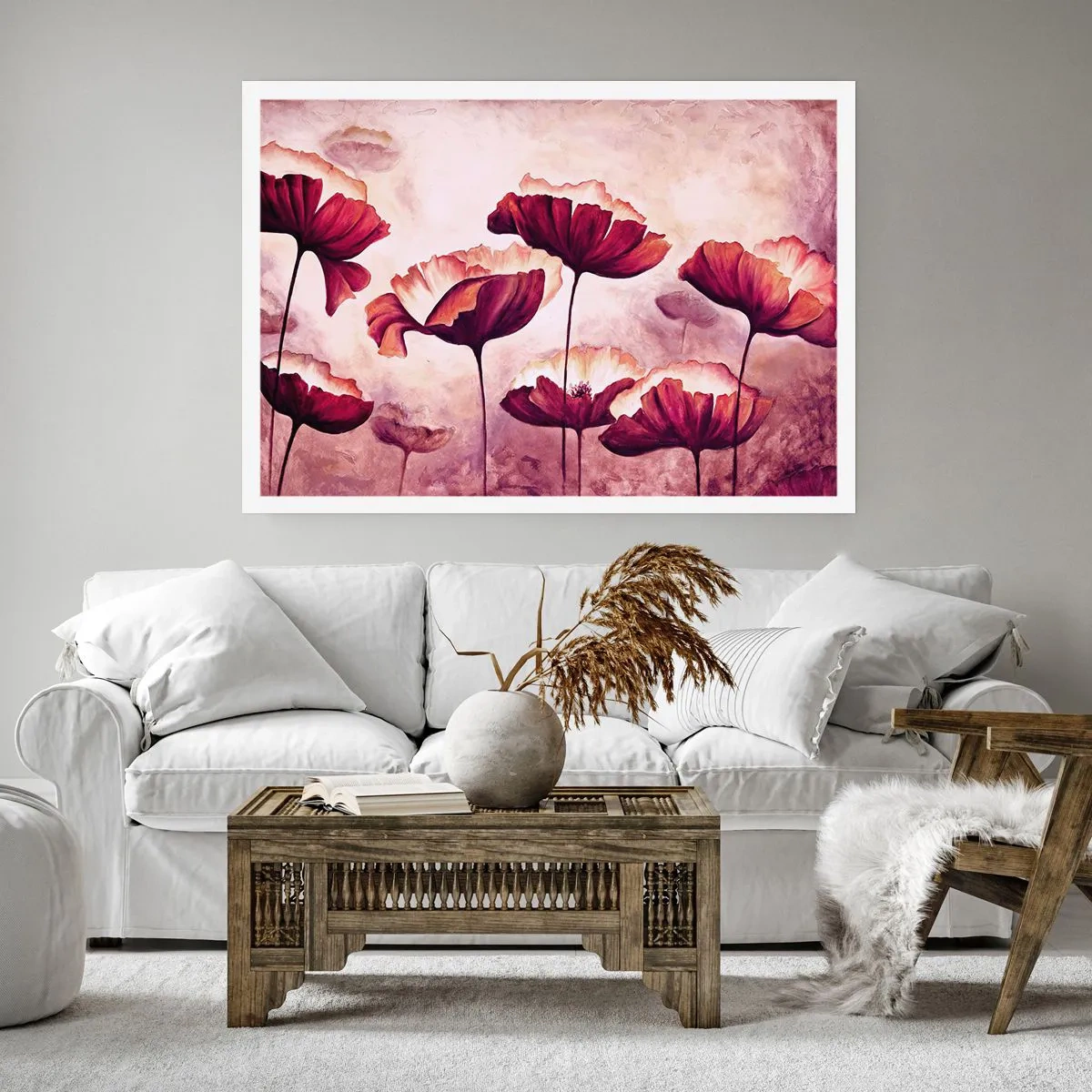 Affiche - Poster - Fleurs aux tons rouges et blancs sur un fond subtil - 100x70cm - Pétale rouge et blanc - Décoration murale moderne pour le salon et la chambre ARTTOR