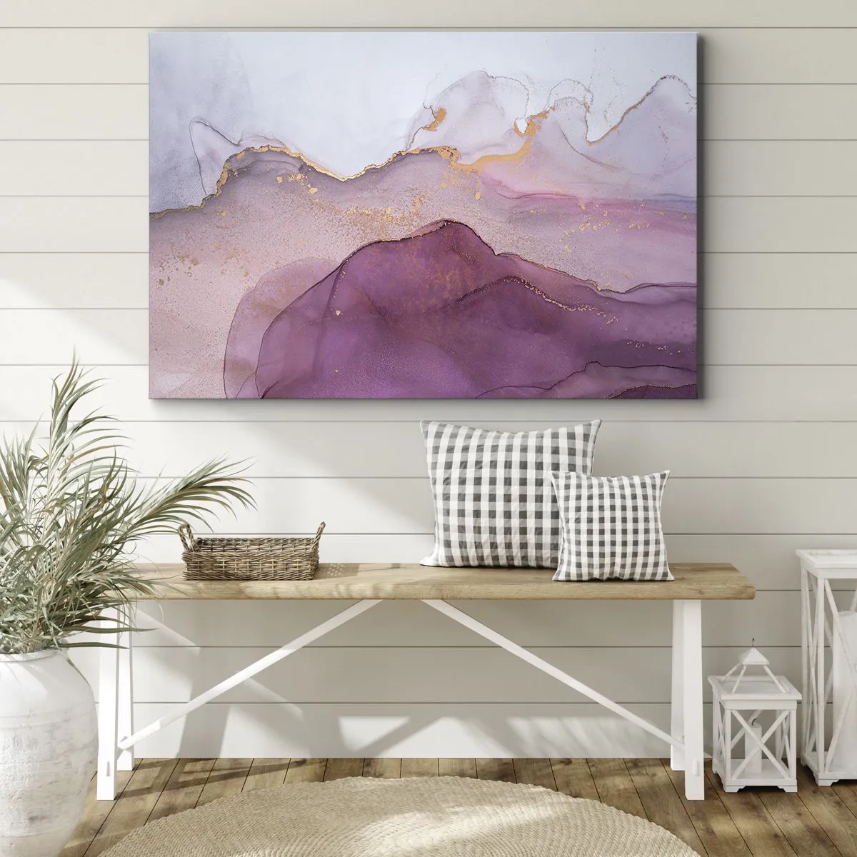 Impression sur toile - Image sur toile - Une composition abstraite dans des tons de violet et d'or. - 70x50cm - Vagues lilas et violettes - Décoration murale moderne pour le salon et la chambre ARTTOR