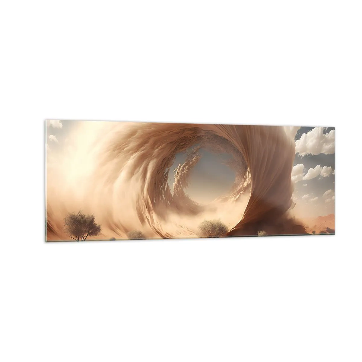 Impression sur verre - Image sur verre - Tourbillon de sable dynamique dans un désert avec des arbres - 140x50cm - Portail ouvert - Décoration murale moderne pour le salon et la chambre ARTTOR