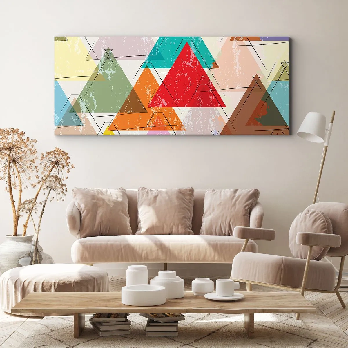 Impression sur toile - Image sur toile - Abstraction colorée avec des triangles géométriques - 160x50cm - Trois par trois - Décoration murale moderne pour le salon et la chambre ARTTOR