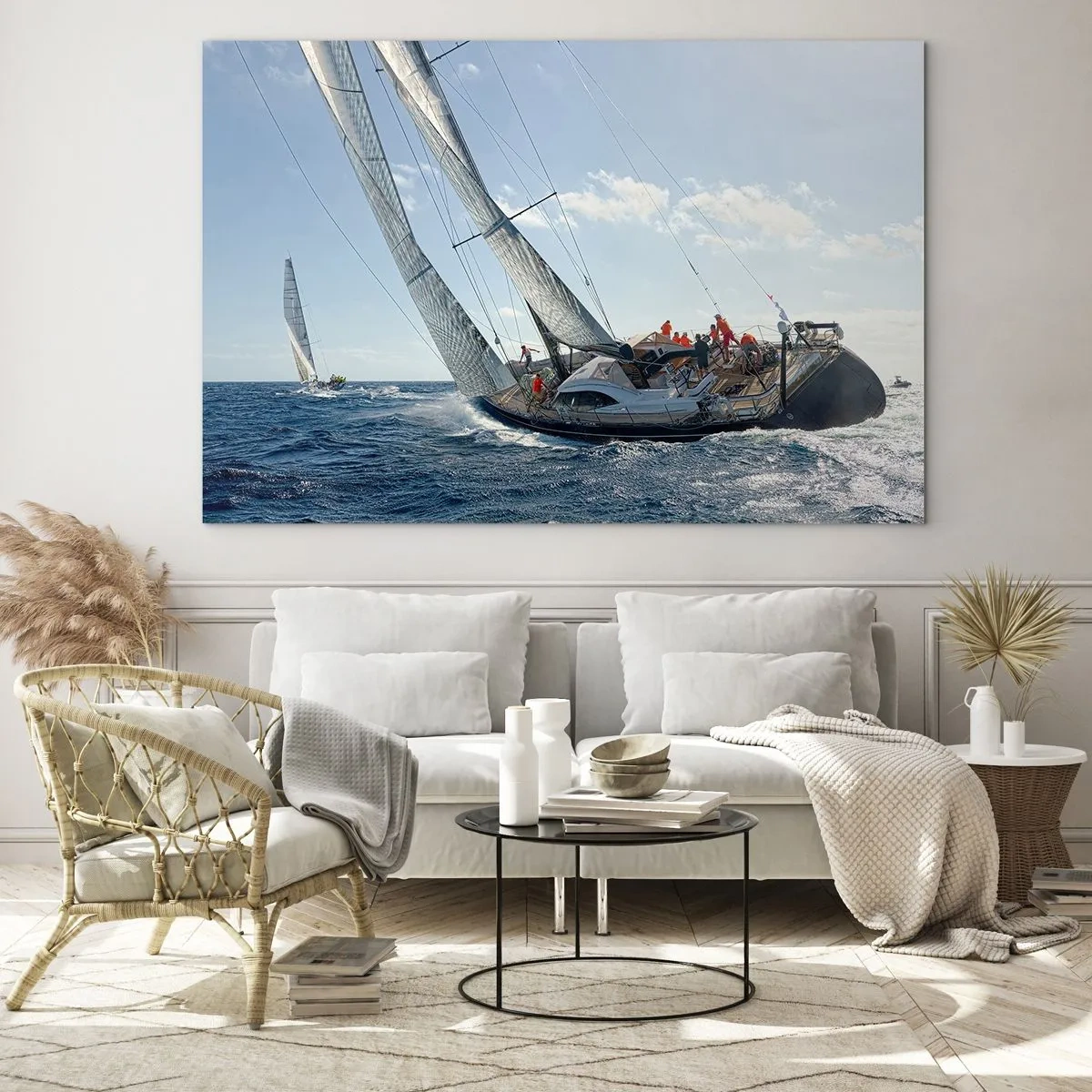 Impression sur verre - Image sur verre - Des yachts de course en pleine mer avec le vent dans les voiles - 100x70cm - Que le meilleur l'emporte - Décoration murale moderne pour le salon et la chambre ARTTOR