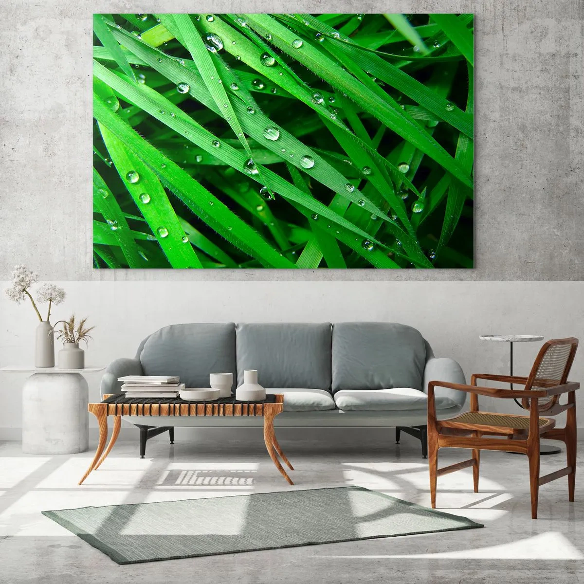 Impression sur verre - Image sur verre - Des brins d'herbe verts avec des gouttes de rosée - 70x50cm - Jouez dans le vert - Décoration murale moderne pour le salon et la chambre ARTTOR