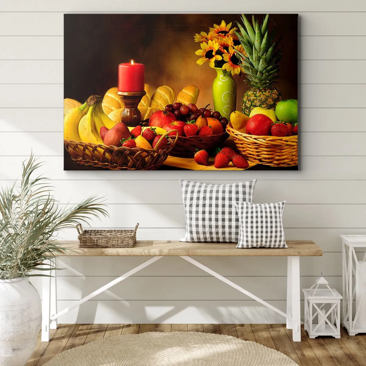 Impression sur toile - Image sur toile - Nature morte avec fruits, pain, bougie et fleurs - 120x80cm - Nature morte de pain et de fruits - Décoration murale moderne pour le salon et la chambre ARTTOR