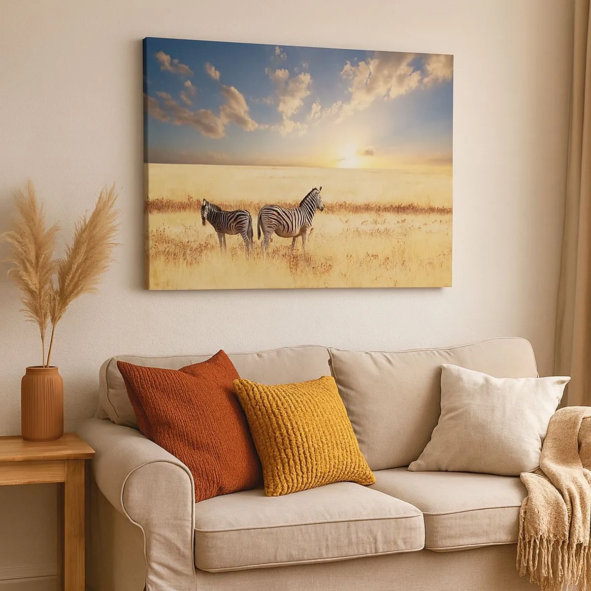 Impression sur toile - Image sur toile - Deux zèbres dans la savane sous les rayons du soleil couchant - 70x50cm - Va-t'en, n'ai pas de paix - Décoration murale moderne pour le salon et la chambre ARTTOR