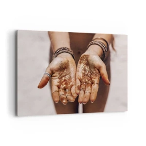 Impression sur toile - Image sur toile - Gros plan des mains avec des paillettes dans des tons chauds - 120x80cm - Un don pour vous - Décoration murale moderne pour le salon et la chambre ARTTOR