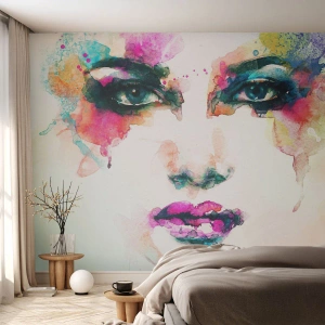 Papier Peint Photo Premium Canvas - Un portrait peint avec un arc-en-ciel - Abstraction, Visage de femme, Morceau - 400x280 cm