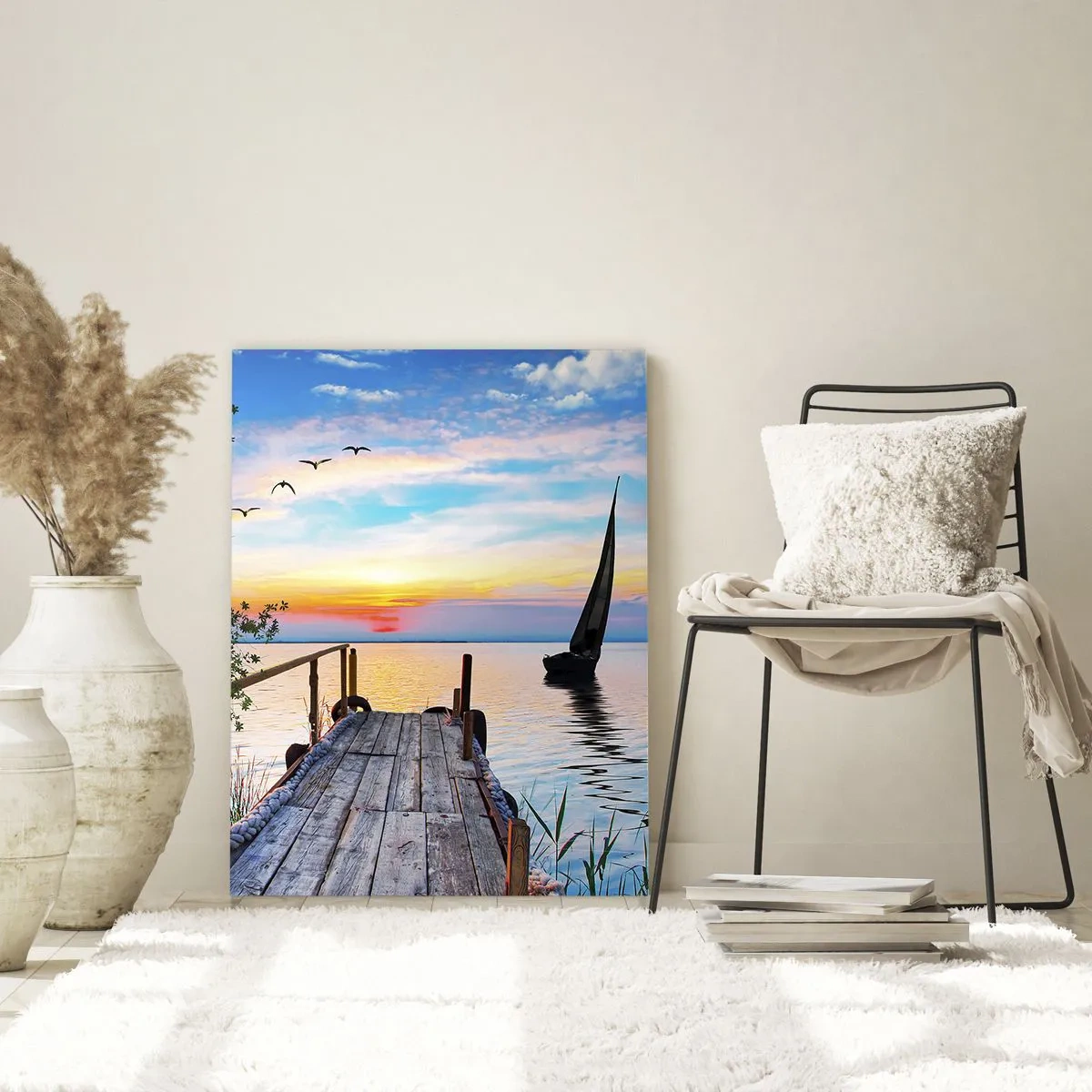 Impression sur verre - Image sur verre - Jetée du lac avec bateau et coucher de soleil - 70x100cm - Bonsoir! - Décoration murale moderne pour le salon et la chambre ARTTOR