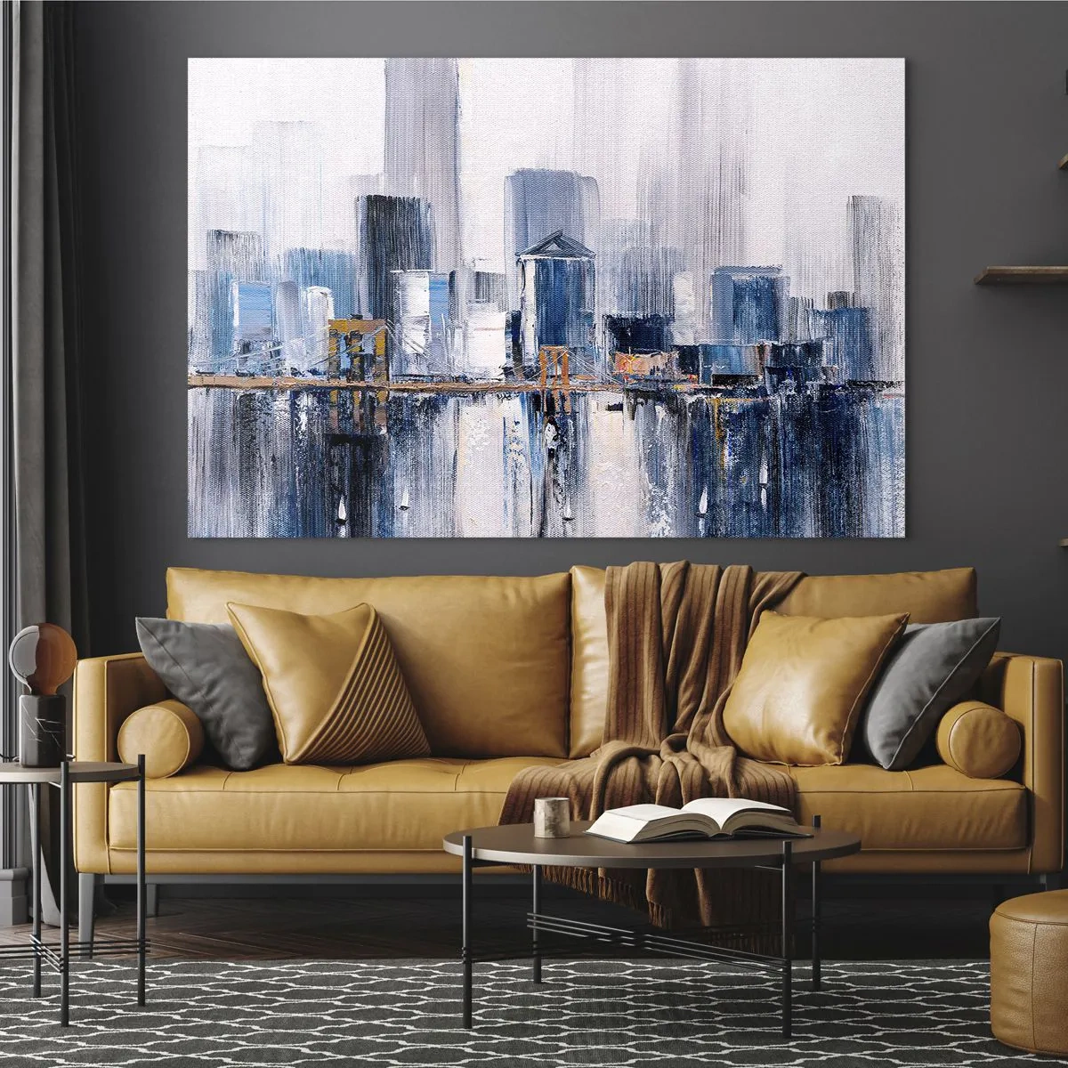 Impression sur verre - Image sur verre - Panorama abstrait de la ville avec des gratte-ciel et un pont aux couleurs froides - 70x50cm - Impression new-yorkaise - Décoration murale moderne pour le salon et la chambre ARTTOR