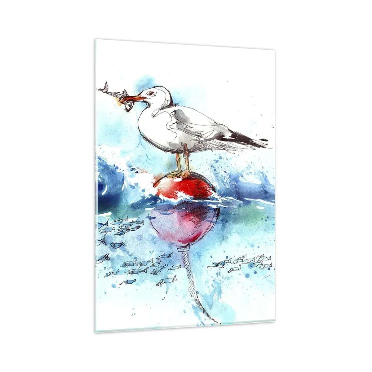 Impression sur verre - Image sur verre - Mouette sur une bouée avec des poissons en arrière-plan dans un style aquarelle - 80x120cm - Prise réussie - Décoration murale moderne pour le salon et la chambre ARTTOR