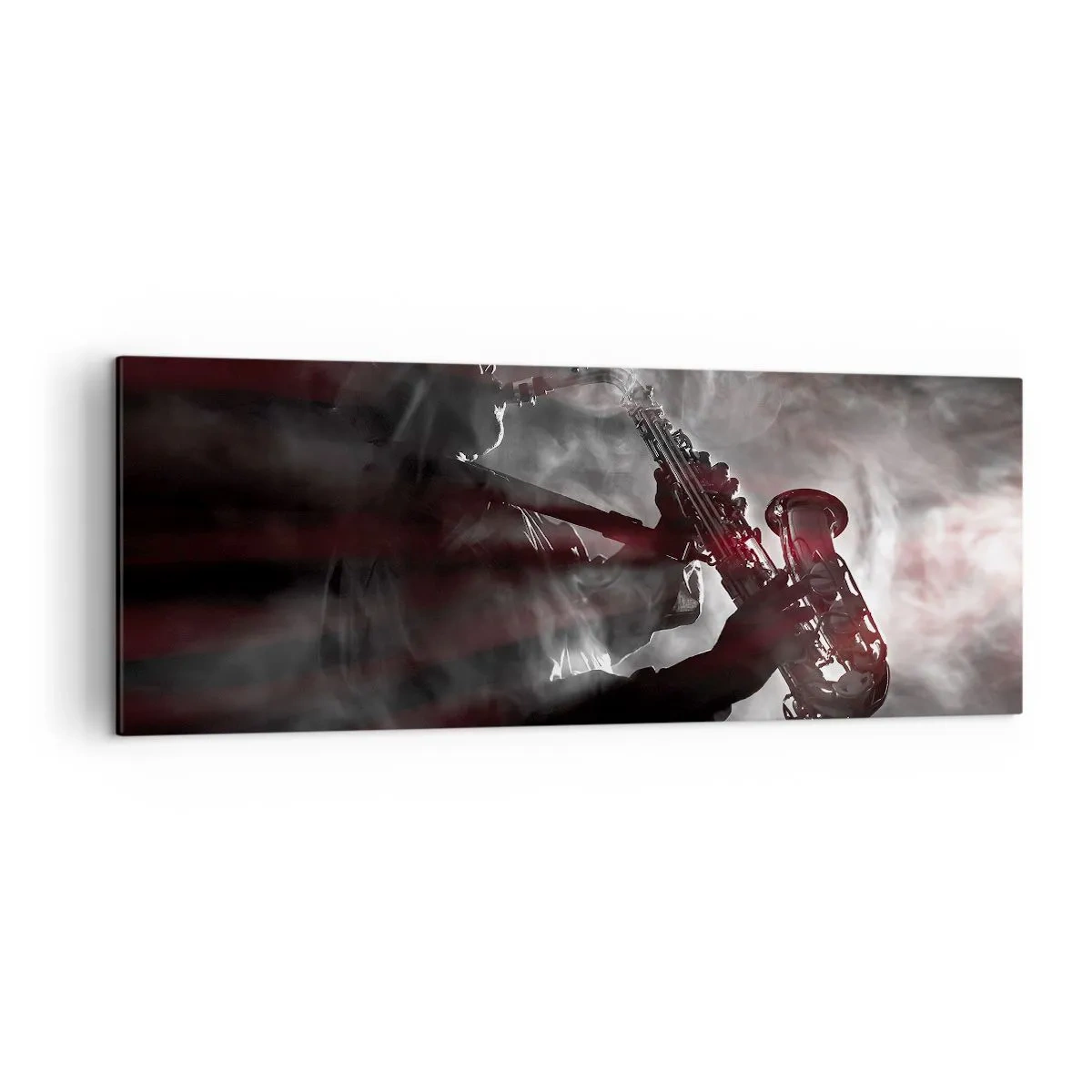 Impression sur toile - Image sur toile - Saxophoniste en fumée sur scène en noir et rouge atmosphérique - 140x50cm - Dans les brumes du jazz - Décoration murale moderne pour le salon et la chambre ARTTOR