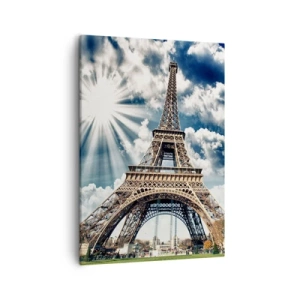 Impression sur toile - Image sur toile - La Tour Eiffel sous un ciel ensoleillé avec des nuages - 50x70cm - La seule et unique sous le soleil - Décoration murale moderne pour le salon et la chambre ARTTOR