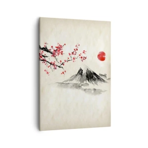 Impression sur toile - Image sur toile - Un paysage pittoresque avec une montagne, des cerisiers en fleurs et du soleil - 50x70cm - Tomber amoureux du Japon - Décoration murale moderne pour le salon et la chambre ARTTOR