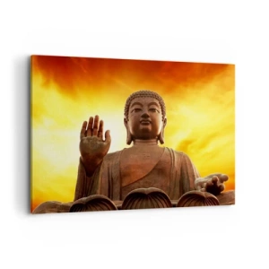 Impression sur toile - Image sur toile - Une statue de Bouddha contre un ciel de coucher de soleil doré - 120x80cm - La paix du monde - Décoration murale moderne pour le salon et la chambre ARTTOR